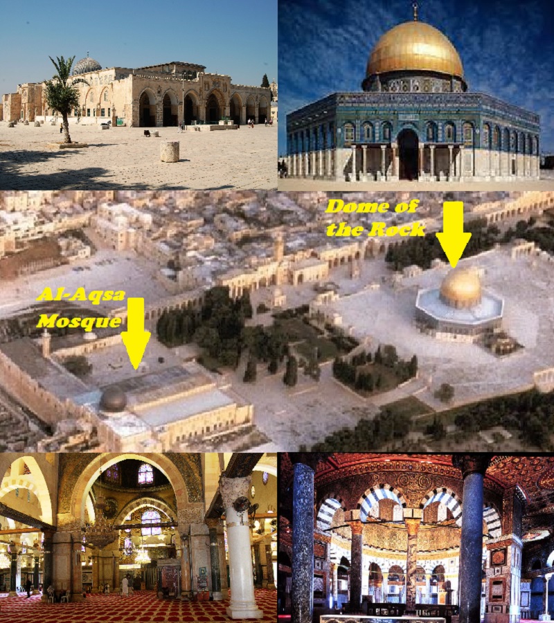 Left side images Right side images al-Aqsa Mosque and Dome of the Rock Top Pictures Outsides of the Two Islamic Holy Sites Center Picture their placement on the Temple Mount Bottom Pictures are an Inside of Each Structure