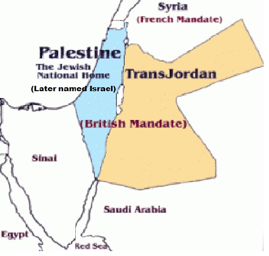 British Mandate with its division between an Arab State of Jordan and Palestine denoted to be the Jewish State later named Israel