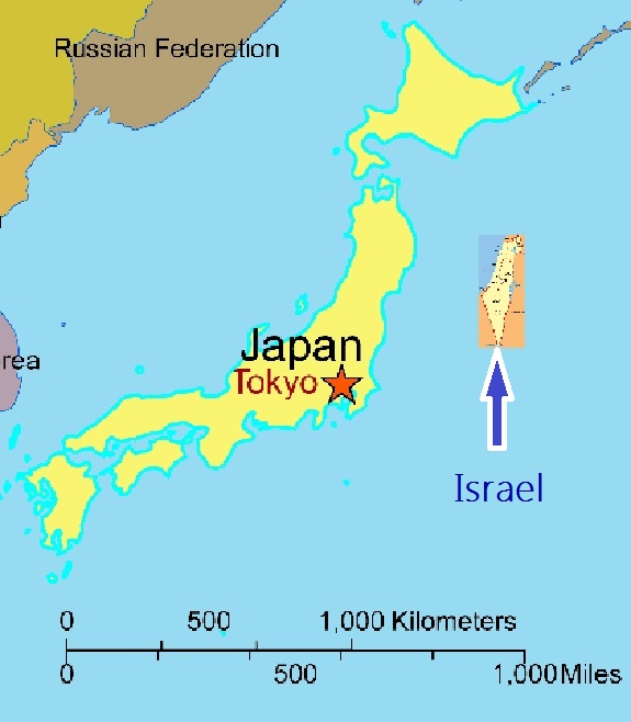 Map of Japan with Israel Imposed to Scale