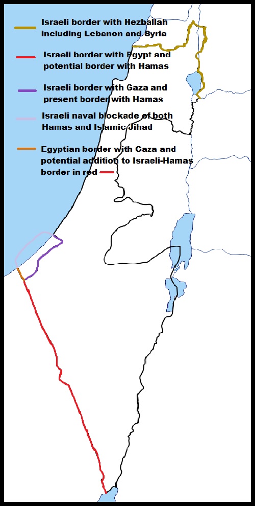 Israeli Borders Map showing current border with Hamas and Gaza and Israeli border with Hezballah in Lebanon and Syria and Egyptian border with Gaza and Israeli blockade of Gaza